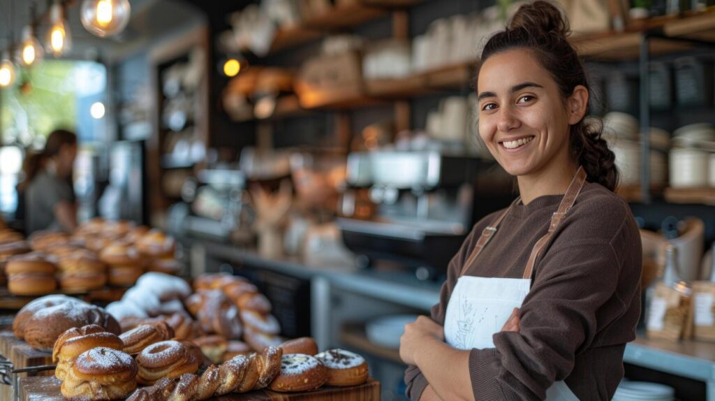 AI generated A female baker and entrepreneur, the owner of a startup small business, is pictured at the counter of her bakery Stock Free