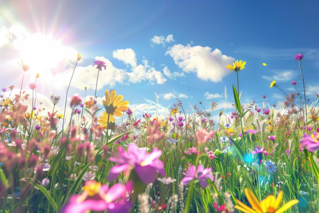 A flower meadow in spring on a sunny day. Free Photo