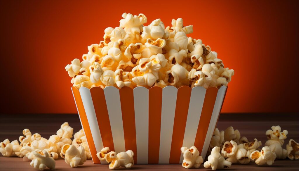 A fluffy heap of fresh popcorn, a movie snack generated by AI Free Photo