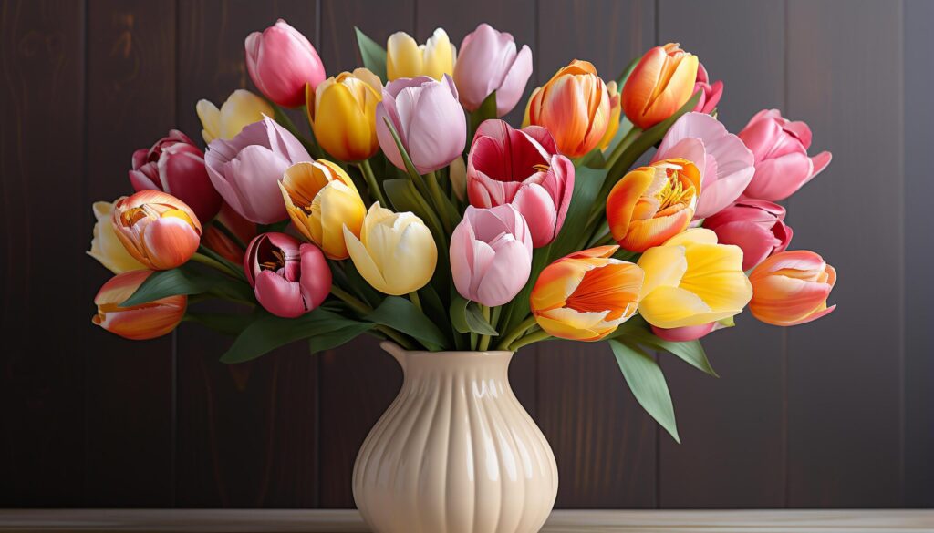 A fresh bouquet of multi colored tulips brings springtime indoors generated by AI Free Photo