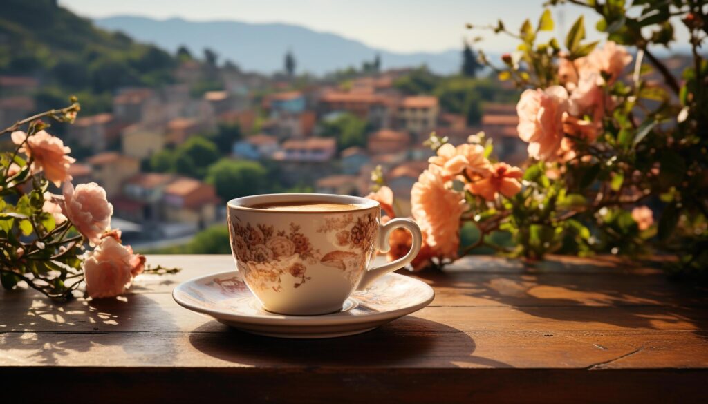 A fresh coffee cup on a wooden table outdoors generated by AI Free Photo