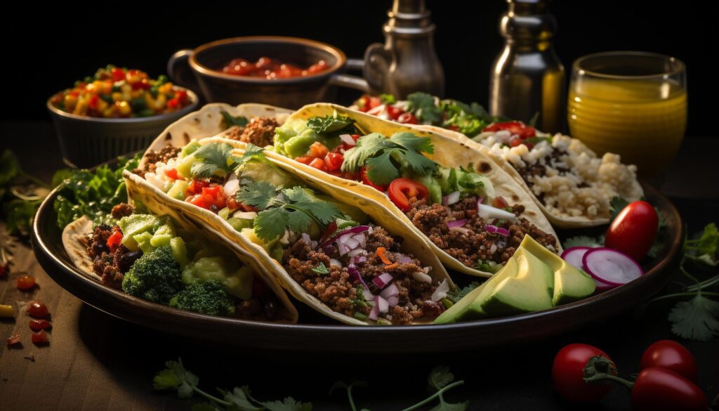 A fresh, homemade Mexican meal guacamole, taco, tomato, meat generated by AI Free Photo