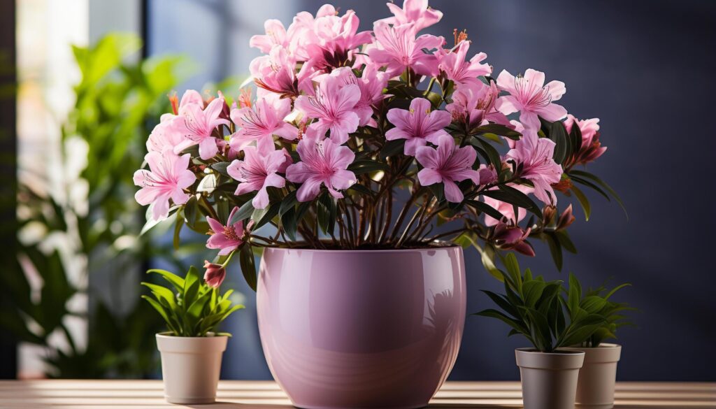 A fresh pink flower blossoms in a green vase generated by AI Free Photo