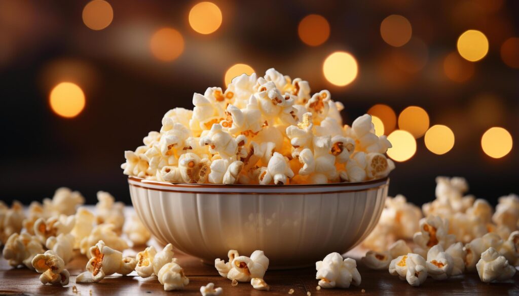 A fresh, yellow bowl of popcorn for movie night generated by AI Free Photo