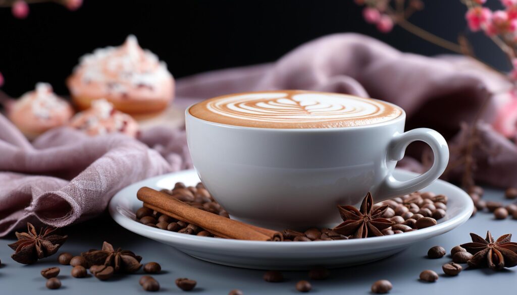 A frothy cappuccino on a wooden table, pure bliss generated by AI Free Photo