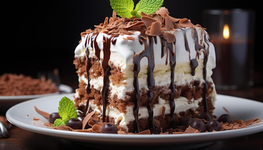 A gourmet dessert dark chocolate cake with whipped cream generated by AI Free Photo