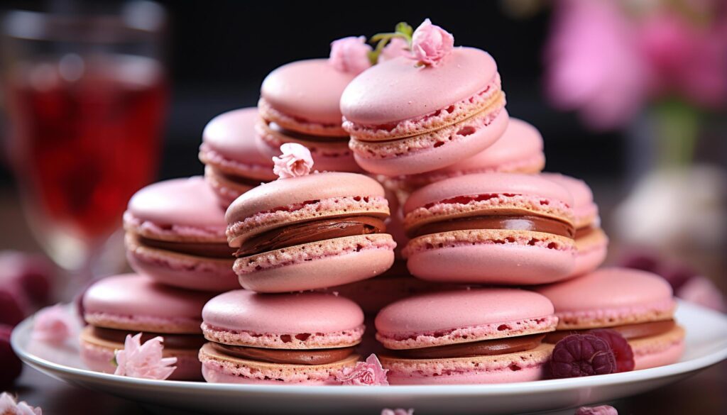 A gourmet dessert macaroon stack, pink, fresh, homemade, indulgence, celebration generated by AI Free Photo