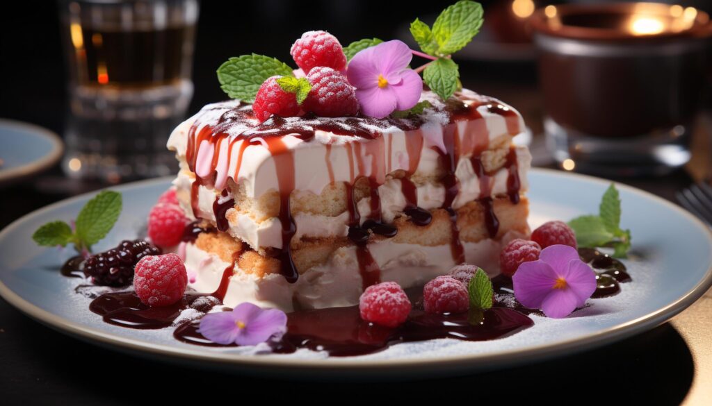 A gourmet dessert plate with fresh raspberry and chocolate generated by AI Free Photo