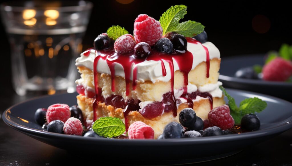 A gourmet dessert plate with raspberry, blueberry, and strawberry generated by AI Free Photo