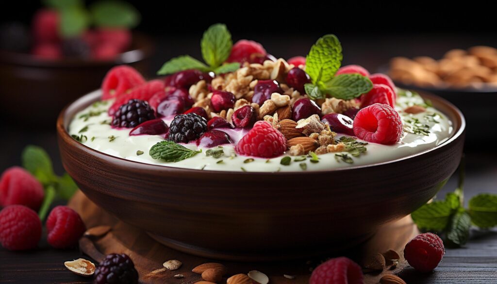 A gourmet dessert raspberry yogurt bowl with granola freshness generated by AI Free Photo