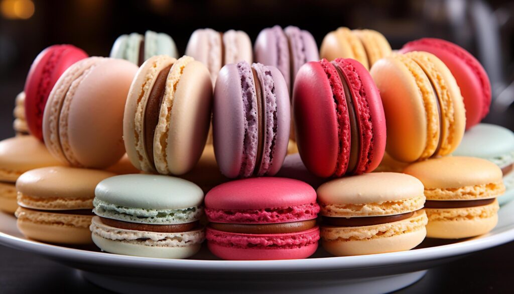 A gourmet macaroon stack, a sweet indulgence on a plate generated by AI Free Photo