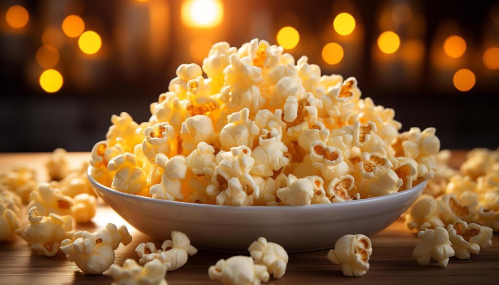 A gourmet movie snack fluffy popcorn in a yellow bowl generated by AI Free Photo