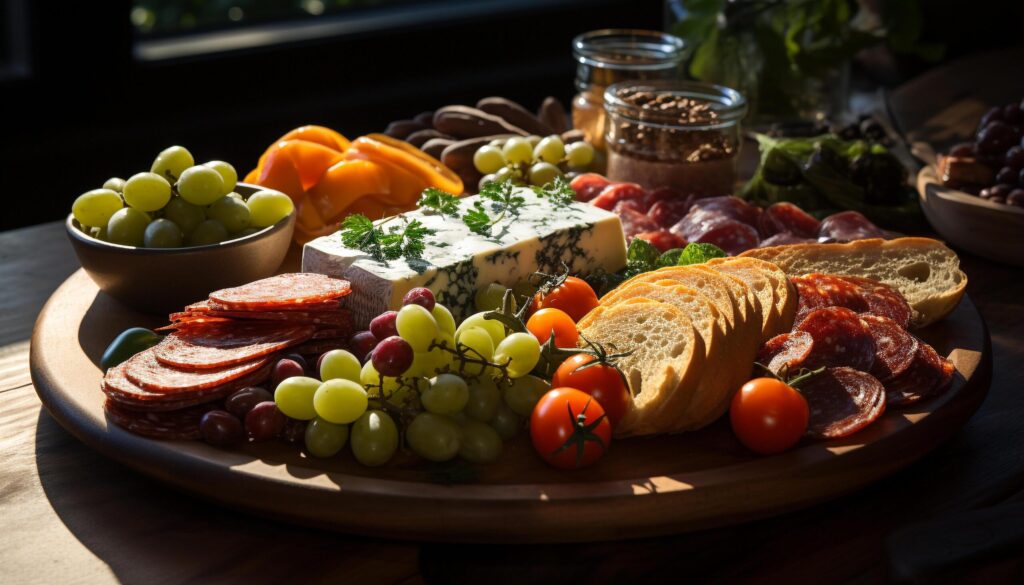 A gourmet picnic fresh fruit, smoked meat, and wine generated by AI Free Photo