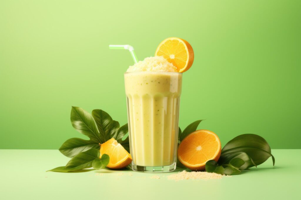 a green and yellow background with tropical fruit smoothie on it Free Photo