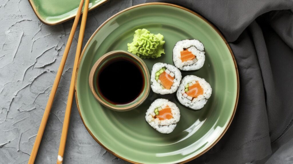 A Green Plate Adorned with Futomaki Sushi, Accompanied by a Small Bowl of Shoyu. Two Chopsticks Rest Beside, Inviting a Culinary Experience. Free Photo