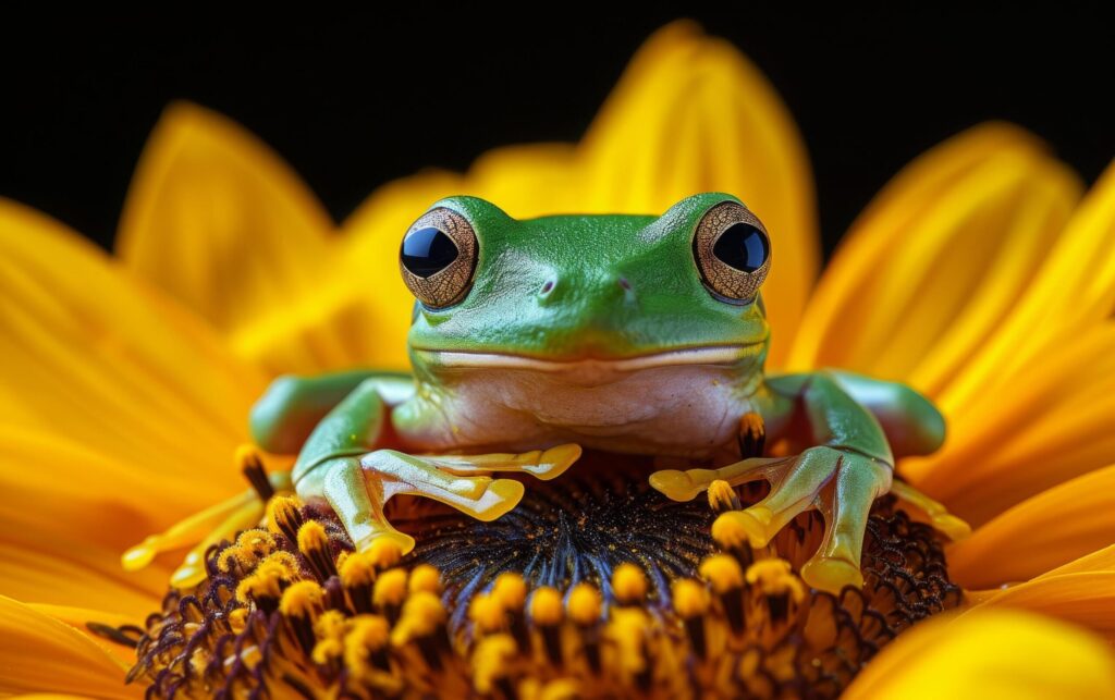 A green tree frog perches on the rich, brown center of a bright yellow sunflower Free Photo