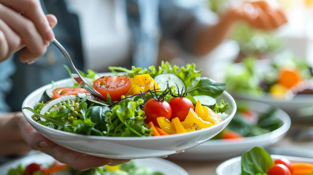 A group of coworkers having a healthy lunch together in the office Free Photo