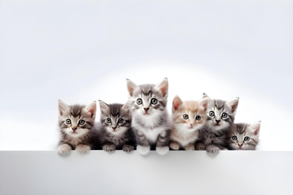 a group of kittens sitting on a white wall Free Photo