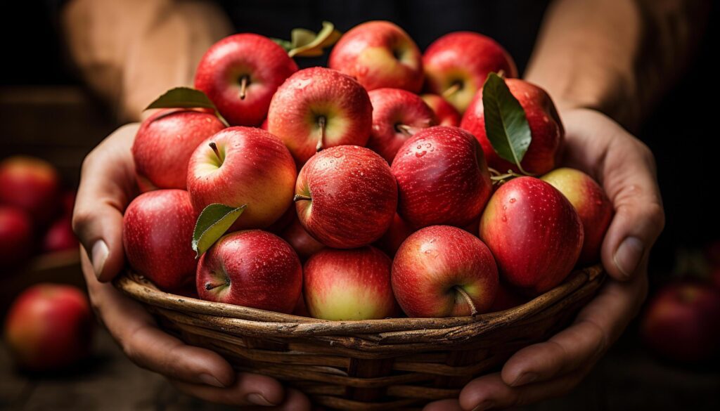 A hand holding a basket of fresh, ripe, organic fruit generated by AI Free Photo