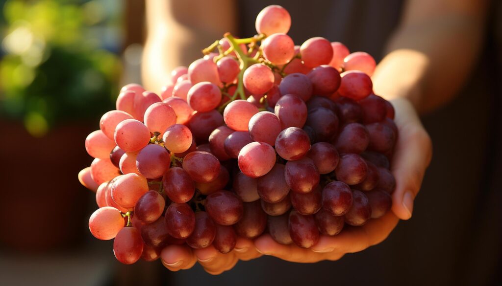 A hand holds ripe grapes, nature sweet refreshment generated by AI Free Photo