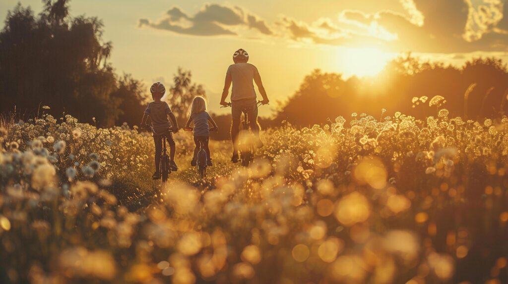 A happy family enjoying a bike ride together in the countryside Free Photo