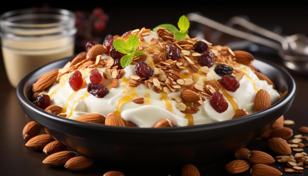 A healthy bowl of homemade almond yogurt with fresh fruit generated by AI Free Photo