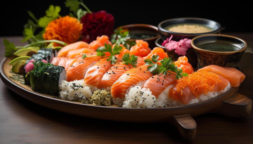 A healthy lunch fresh seafood, rice, and vegetable sushi generated by AI Free Photo