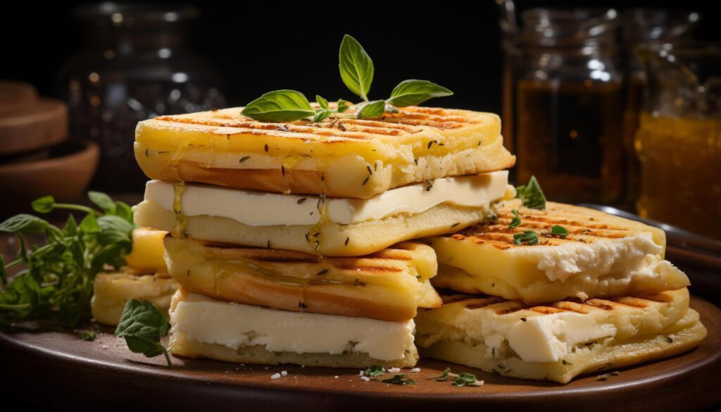 A healthy lunch grilled mozzarella on a rustic bread slice generated by AI Free Photo