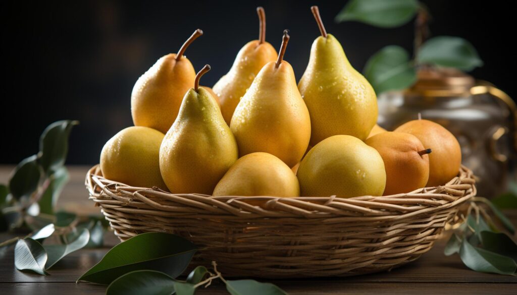 A healthy, organic fruit bowl on a rustic wooden table generated by AI Free Photo