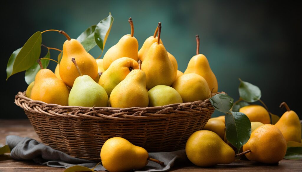 A healthy, ripe fruit basket on a wooden table generated by AI Free Photo