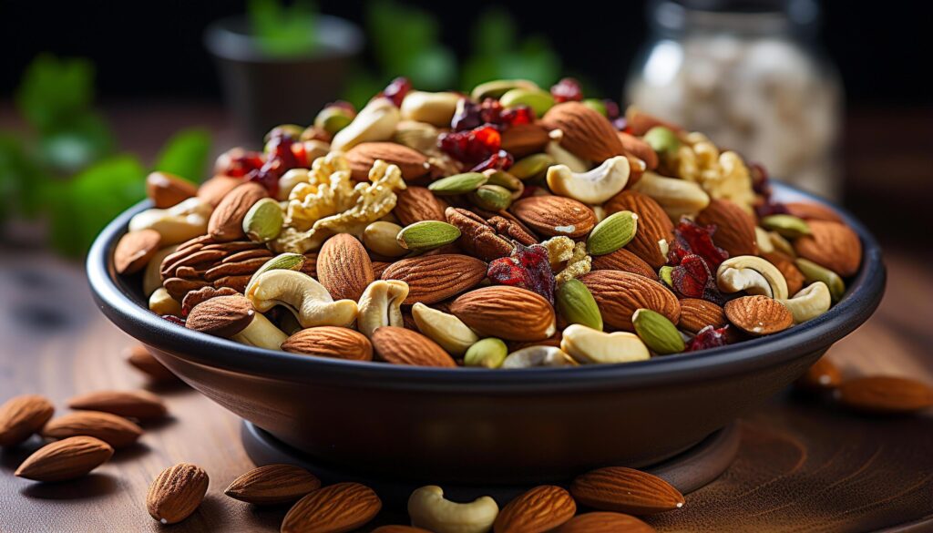 A healthy snack almond, cashew, walnut, and pecan bowl generated by AI Free Photo