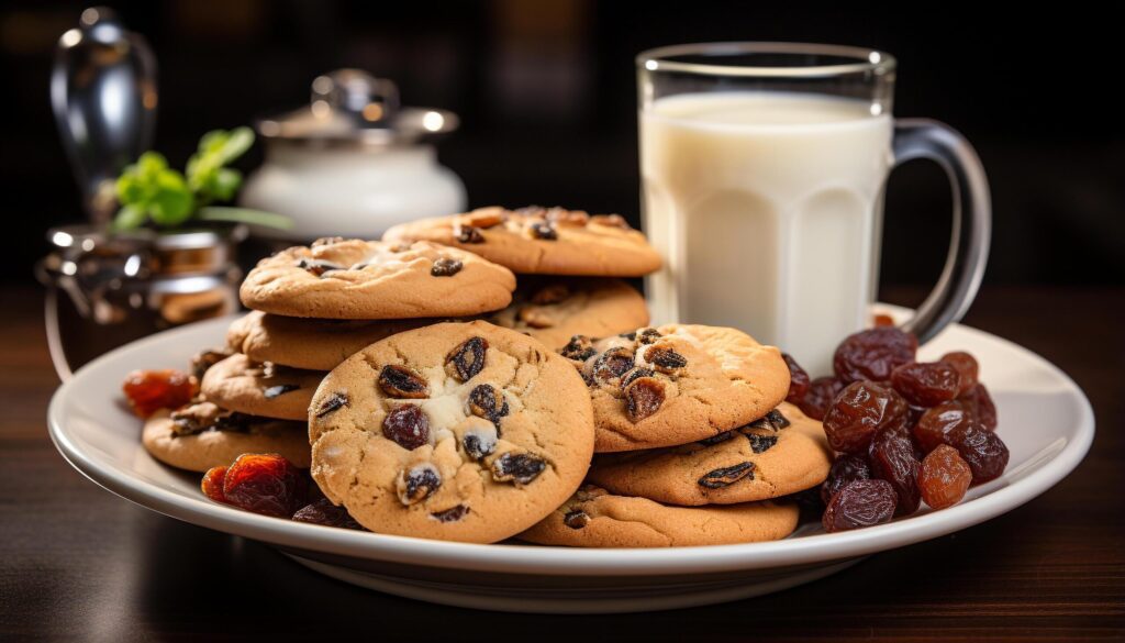 A homemade chocolate chip cookie stack on a rustic table generated by AI Free Photo