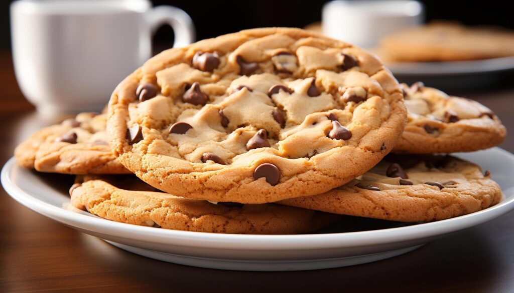 A homemade chocolate chip cookie stack on a wooden table generated by AI Free Photo