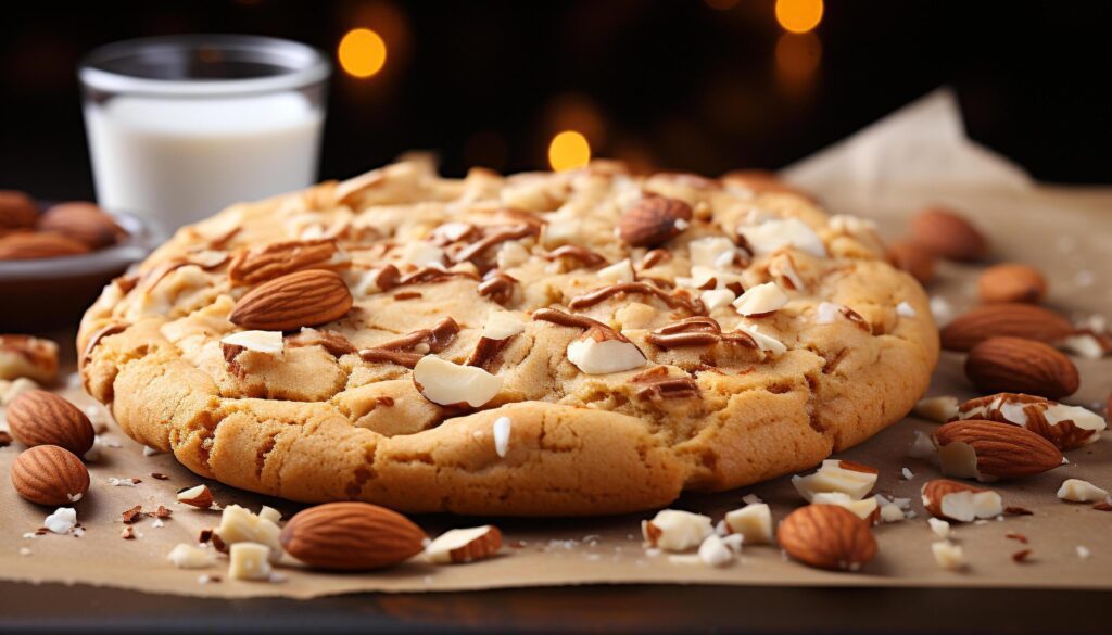 A homemade chocolate cookie with almond on a wooden table generated by AI Free Photo