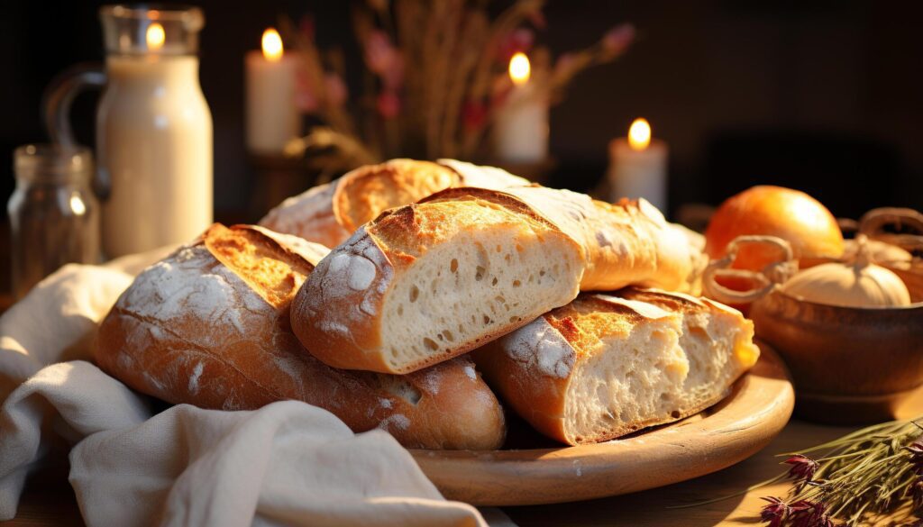 A homemade gourmet meal fresh ciabatta bread and baked meat generated by AI Free Photo