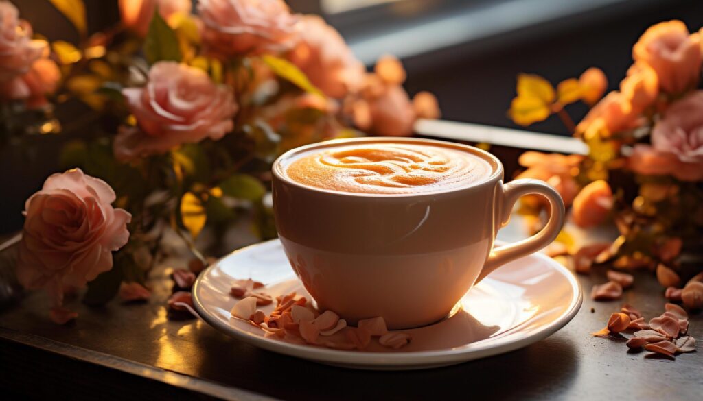 A hot cappuccino on a wooden table, surrounded by autumn leaves generated by AI Free Photo