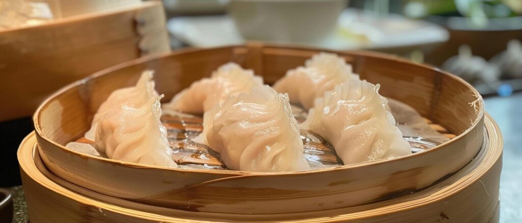 A Hot steamed dumplings served in a traditional bamboo steamer with soy sauce Free Photo