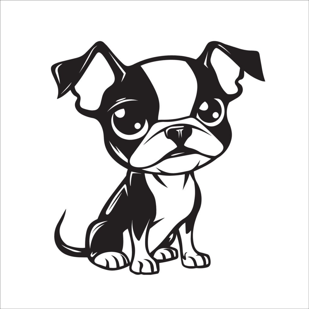 A vector illustration of a black and white Boston Terrier dog sitting Free Vector