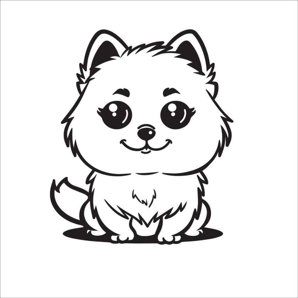 A vector illustration of a black and white Pomeranian dog sitting Free Vector