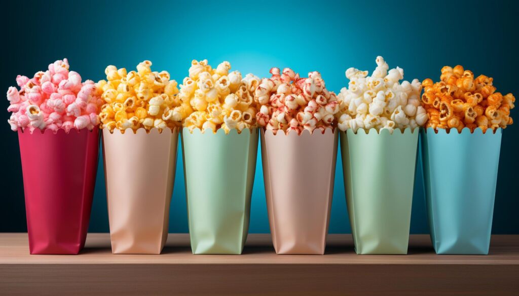 A large bucket of colorful movie snacks on a table generated by AI Free Photo