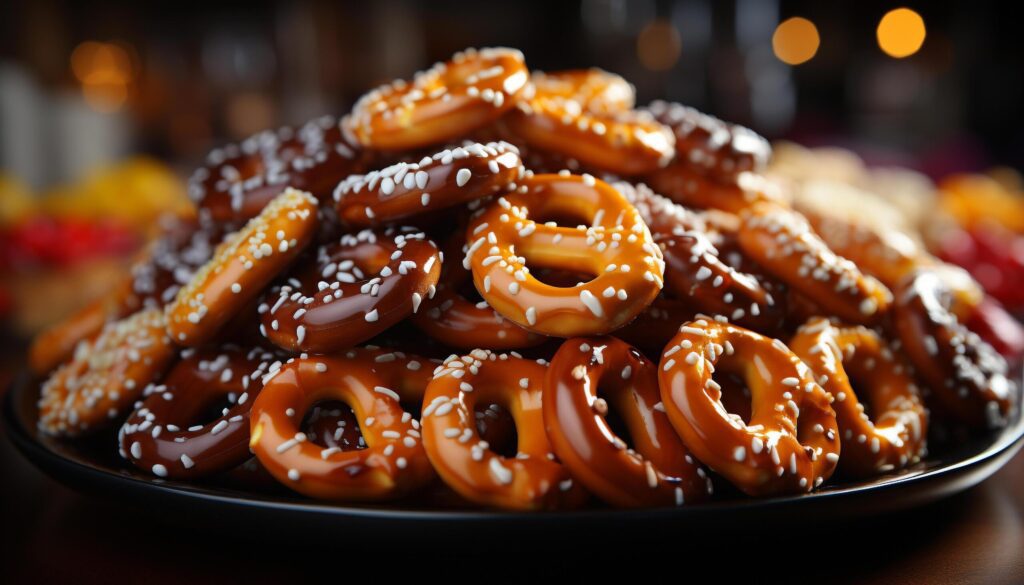 A large stack of homemade donuts, tempting and indulgent generated by AI Free Photo