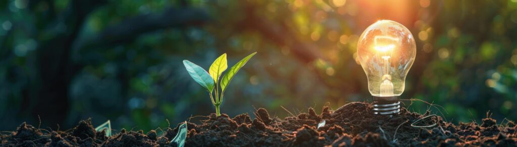 A light bulb on soil with young plant growing on money stack. saving finance and energy concept. Free Photo