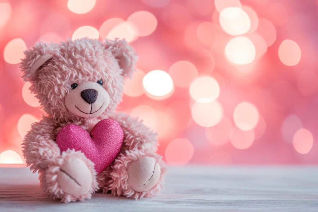 a little bear with pink heart sitting next to it Free Photo