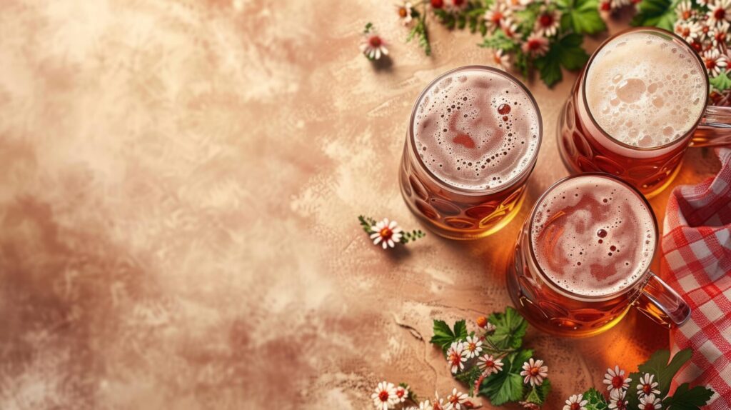 A lively Oktoberfest celebration backdrop, with traditional Bavarian decor, frothy beer steins Free Photo