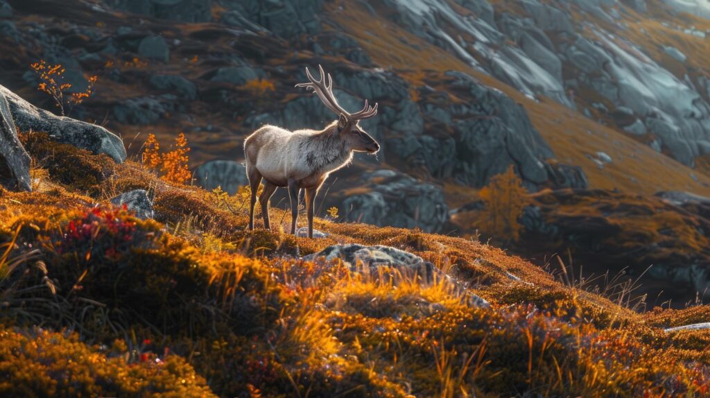 A majestic deer stands on a ridge with the golden light of sunset highlighting the autumn foliage Free Photo