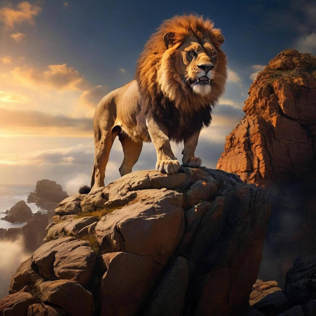 A majestic lion with a fiery mane, roaring fiercely as it stands atop a rocky cliff Ai generated Free Photo