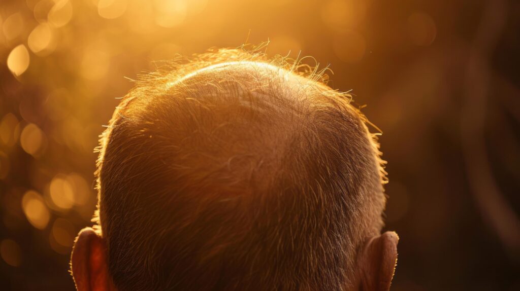 A man experiencing hair thinning with the golden sunlight aging and hair loss. Free Photo