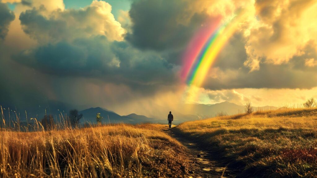 A man walking on a mountain meadow with a rainbow in the sky Free Photo