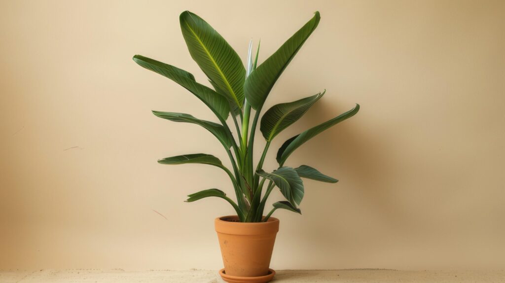 A miniature bird of paradise plant housed in a terracotta pot. Free Photo