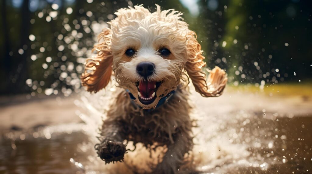 A mischievous poodle gleefully splashes through a puddle,. Ai Generated Free Photo